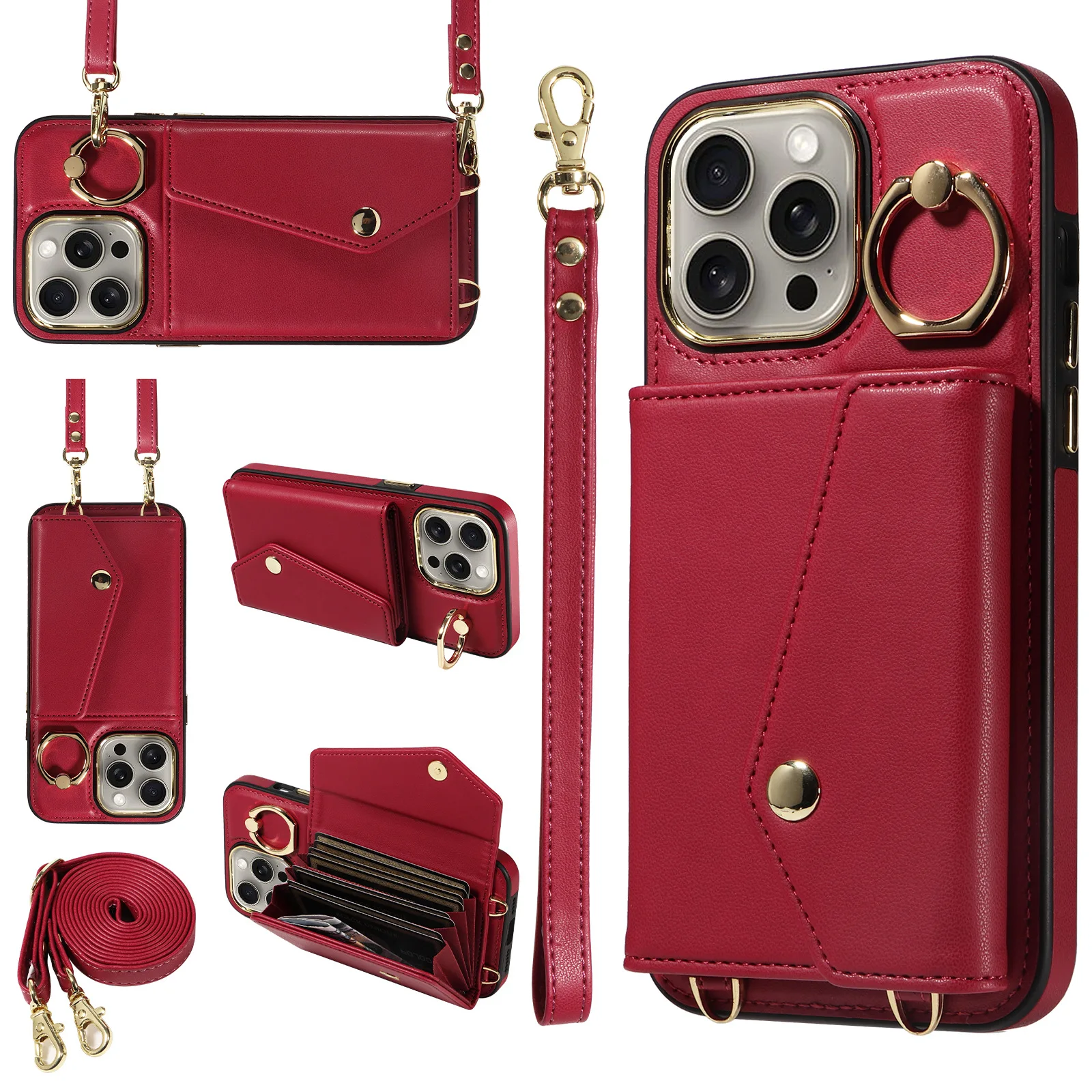 Wallet Shoulder Strap Case for iPhone 16 Pro Max 13 12 14 15 Pro Max 16 Plus Finger Ring Leather Card Pocket Lanyard Back Cover