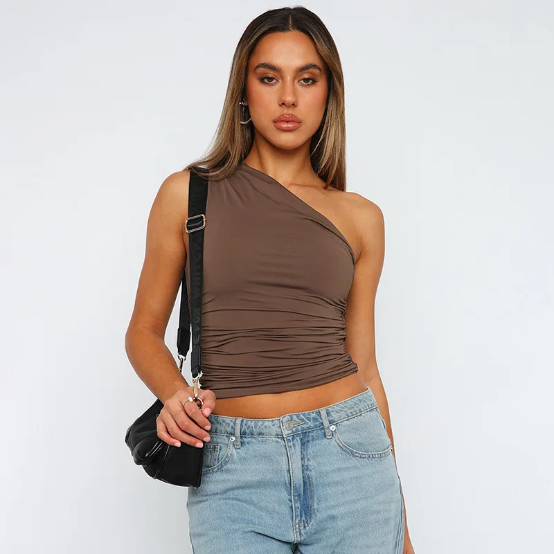 Einfarbig eine Schulter rücken frei schrumpfen Tank Top T-Shirt Süßigkeiten Farbe eng sexy ärmellose Hals ohne schlanke Casaul Top – Detail 17