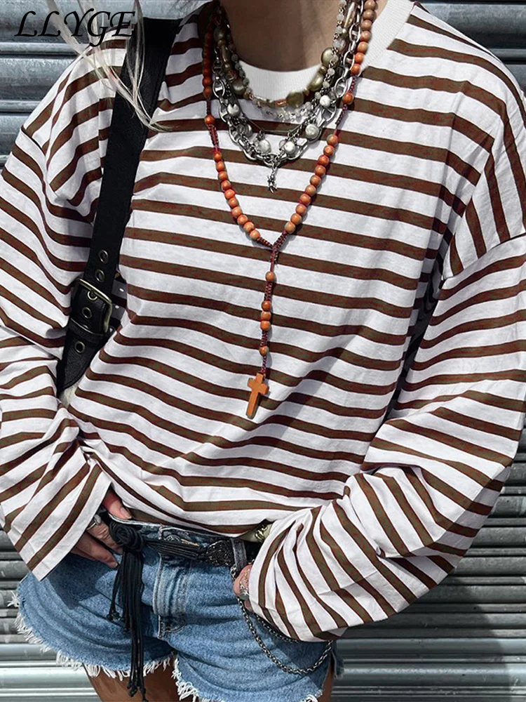 

Casual Women's Striped T-shirts Loose O-neck Long Sleeve Female Shirts 2025 Spring Lady All-match Cozy Pullovers