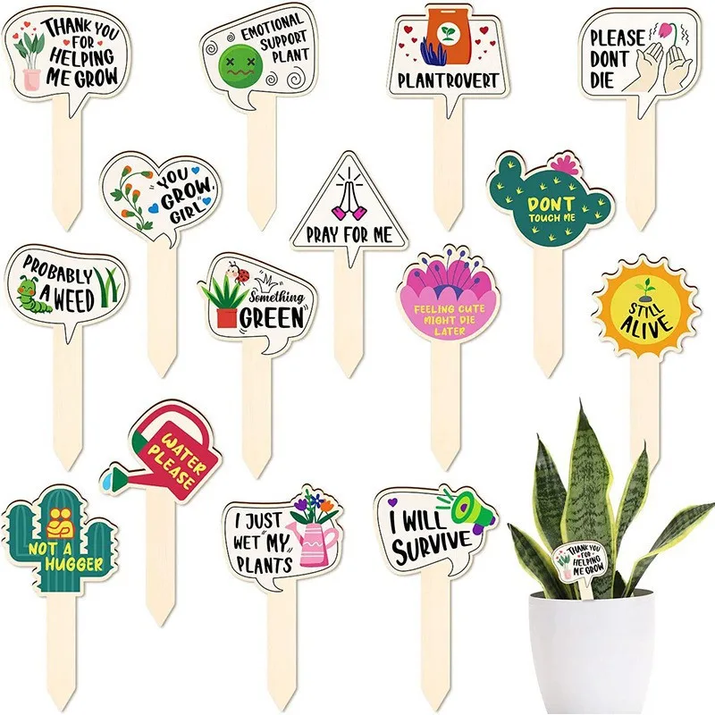 15pcs Funny Plant Stakes with Wooden Sticks Humorous Garden Signs for Potted Plants Cute Succulent Decor for Home Desk Office