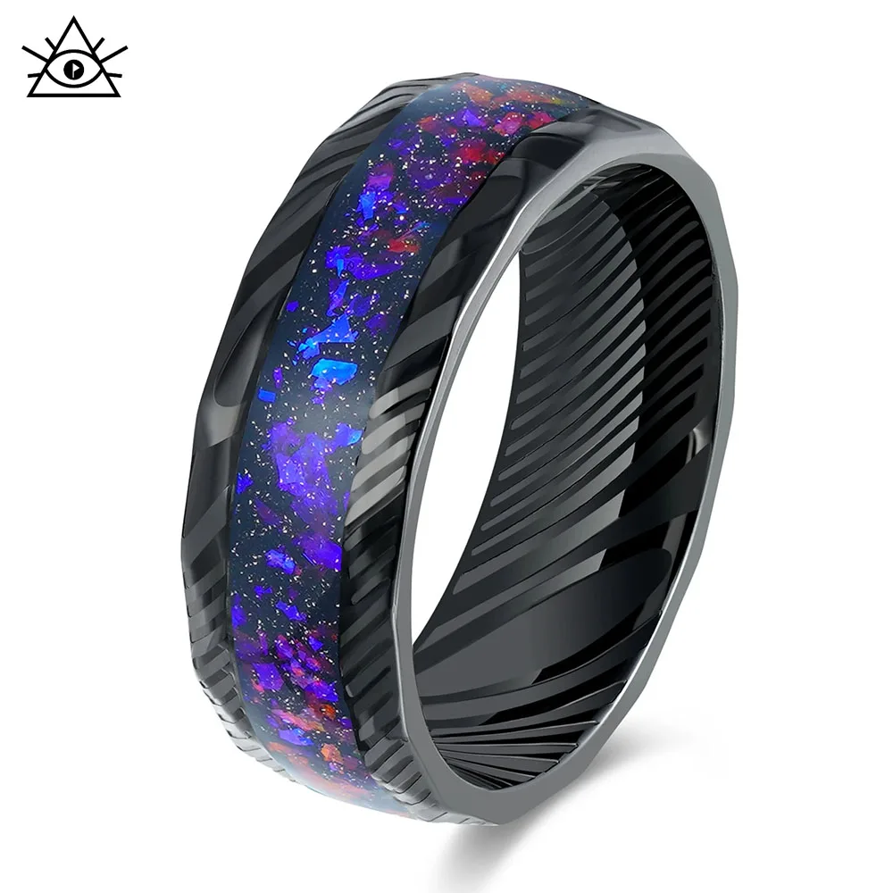 

Luxury Unisex Purple Nebula Inlaid Gravel Men's Ring Tungsten Steel Damascus Steel Women's Engagement Rings