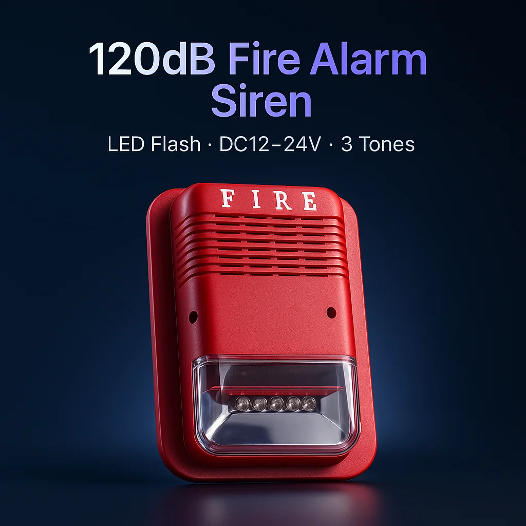 120dB Fire Alarm Siren with High-Brightness LED · DC12–24V Wide Voltage · Non-Polarized Wiring · Fast Installation for Projects