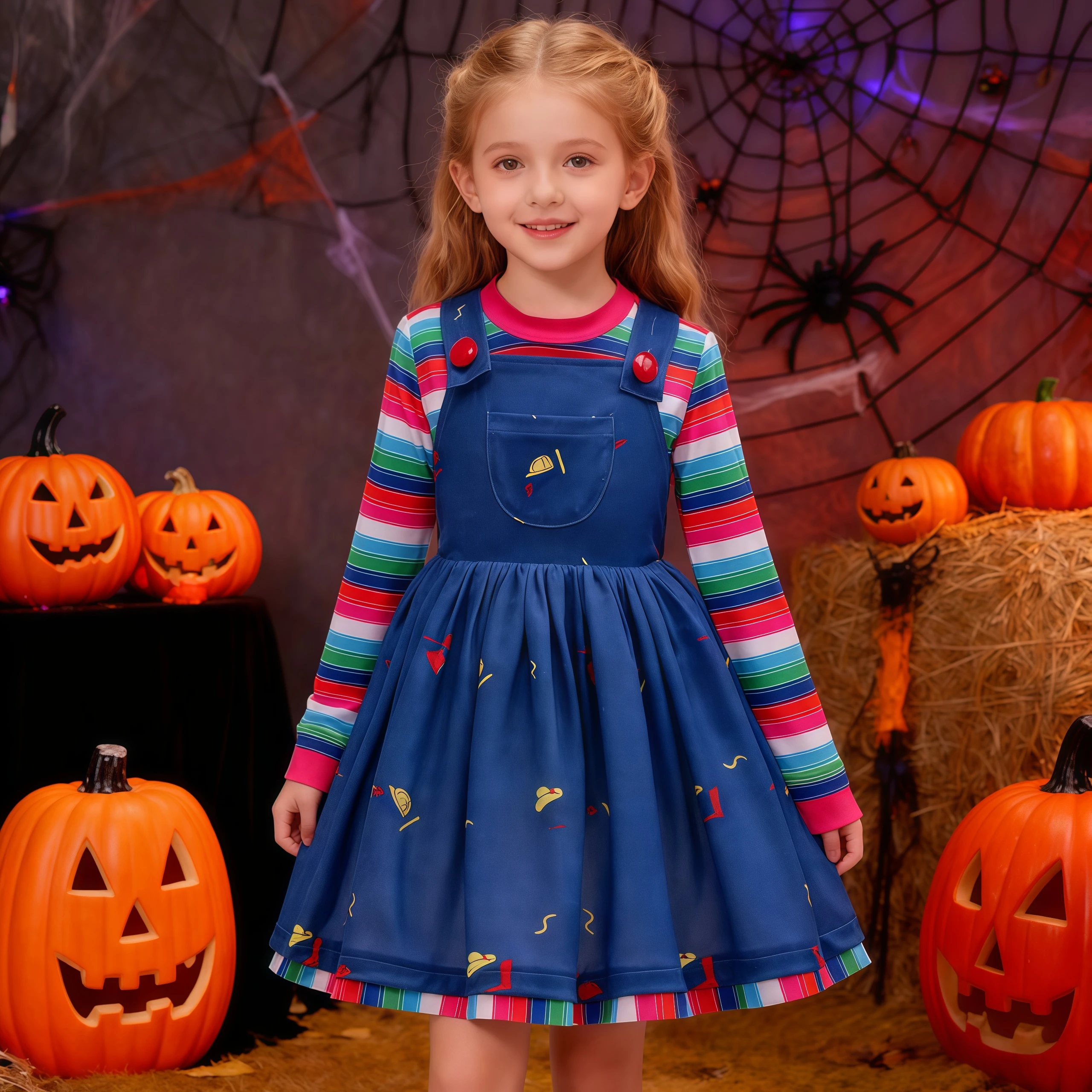 Creepy Ghost Chucky Costume Kids Girls Rainbow Striped Princess Dress For Child Killer Doll Halloween Role-Play Carnival Outfits