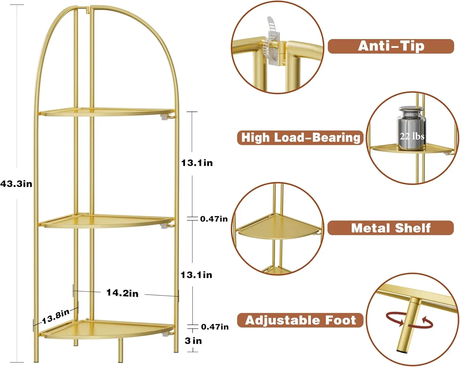 

Crofy Foldable 3 Tier Corner Shelf, Metal Corner Plant Stand With Gold Frame And Gold Shelves, Corner Display Rack Multipurpose