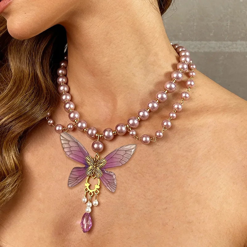 Light Luxury Purple Butterfly Water Drop Pendant Pearl Double Layer Necklace Vintage Niche Fashion Jewelry Dainty Gifts
