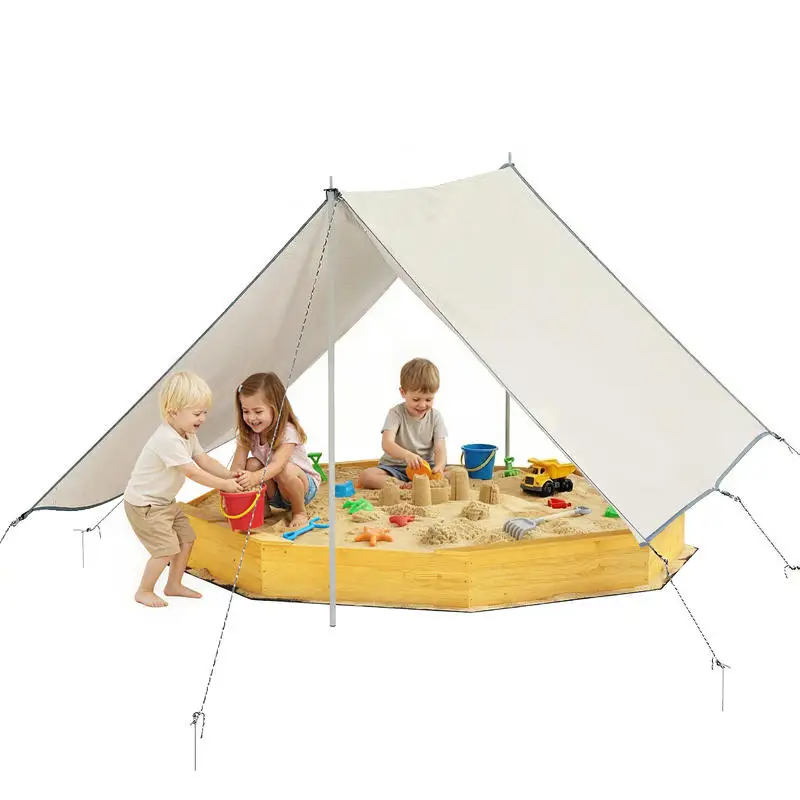 

Qaba Wooden Sandbox with Large Canopy, Outdoor Sand Box with 4 Bench Seats, Bottom Liner for 8 Kids Aged 3-8, Yellow