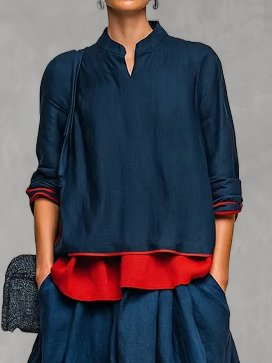 Modigirl Women Navy Blue Red Contrast Trim Blouse V Notch Long Sleeve Fake Two Piece Hem Loose Casual Vintage Shirt Top