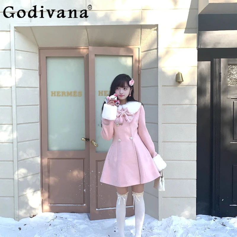 

Winter Cute Girl Original New Sweet Woolen Coat Japanese Style Pink Color Bow Lolita Overcoat Women's Warm Princess Wool Coat