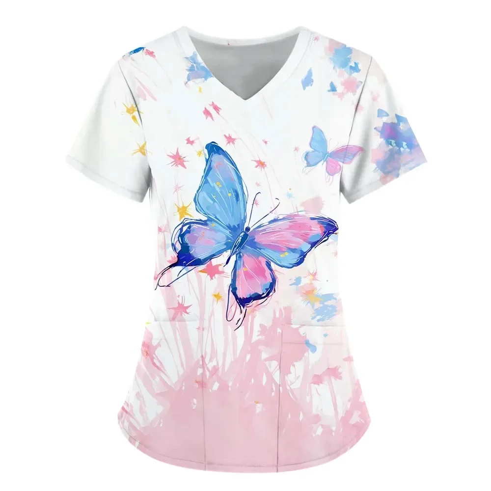 Surgical Uniform Woman 3d Butterfly Element Print V-Neck Nursing Pocket Veterinarian Workwear Medical Nurse Uniform for Women