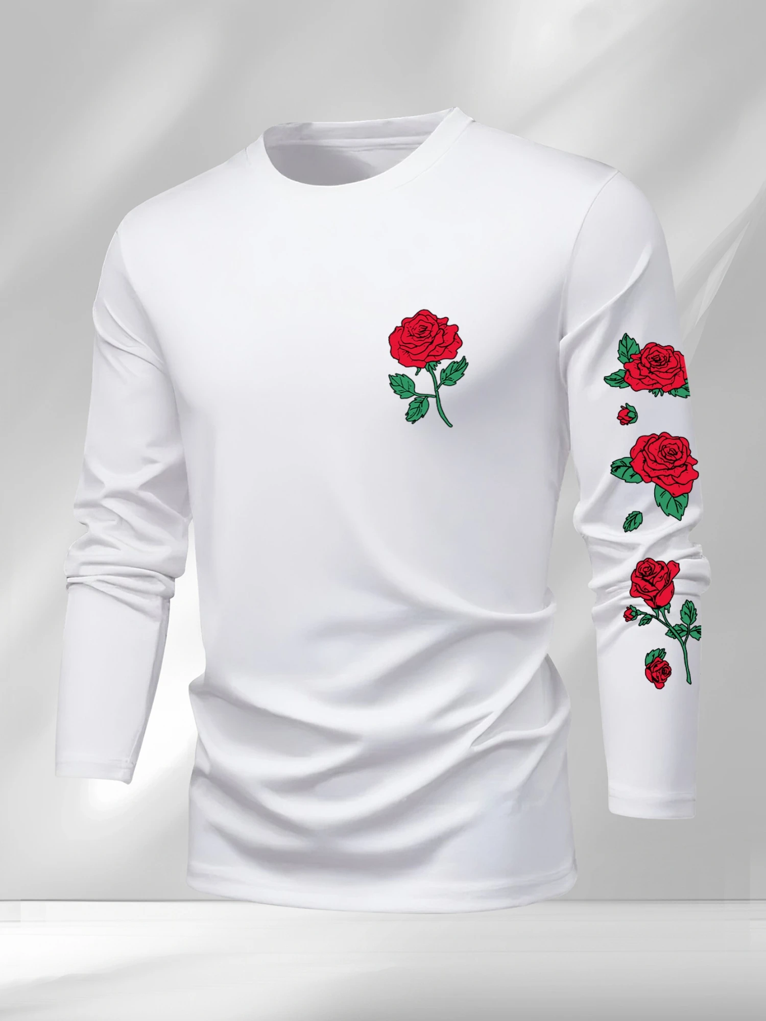 Men'S Long-Sleeve T-Shirt, New Rose Print Round Neck Casual Long Sleeves