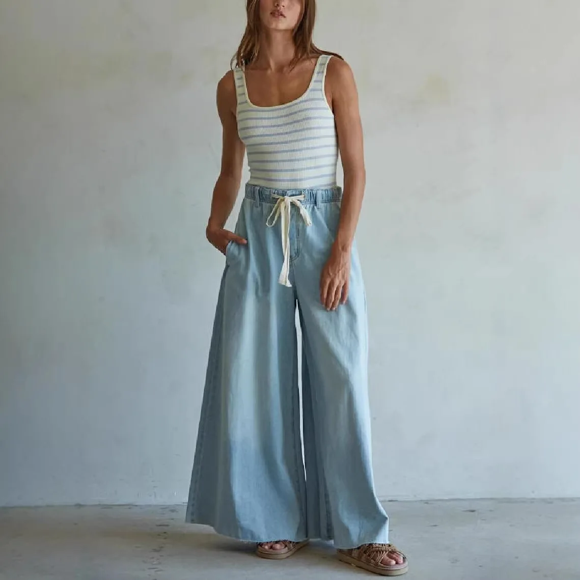 2026 Fashion Women Blue Solid Color Floor Length Wide Leg Straight Loose Fit Basic Drawstring Denim Trousers Female Casual Jeans