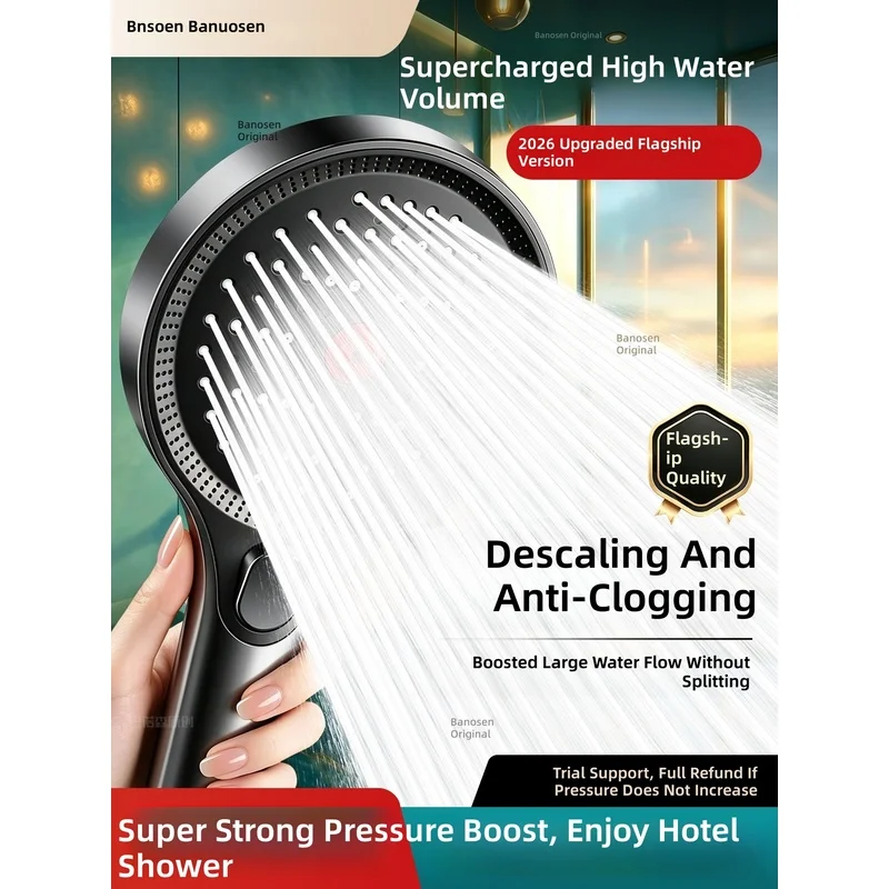Pressurized showerhead—ultra‑strong water pressure, high flow rate; household shower faucet with limescale removal and anti‑c...