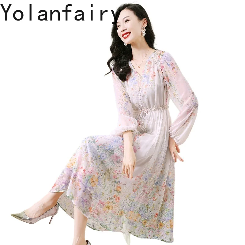 YOLANFAIRY ต้นฤดูใบไม้ร่วง 100%ธรรมชาติผ้าไหมหม่อนผู้หญิง 25 คุณภาพสูงดอกไม้หรูหราชุดแขนยาวชุดสตรี