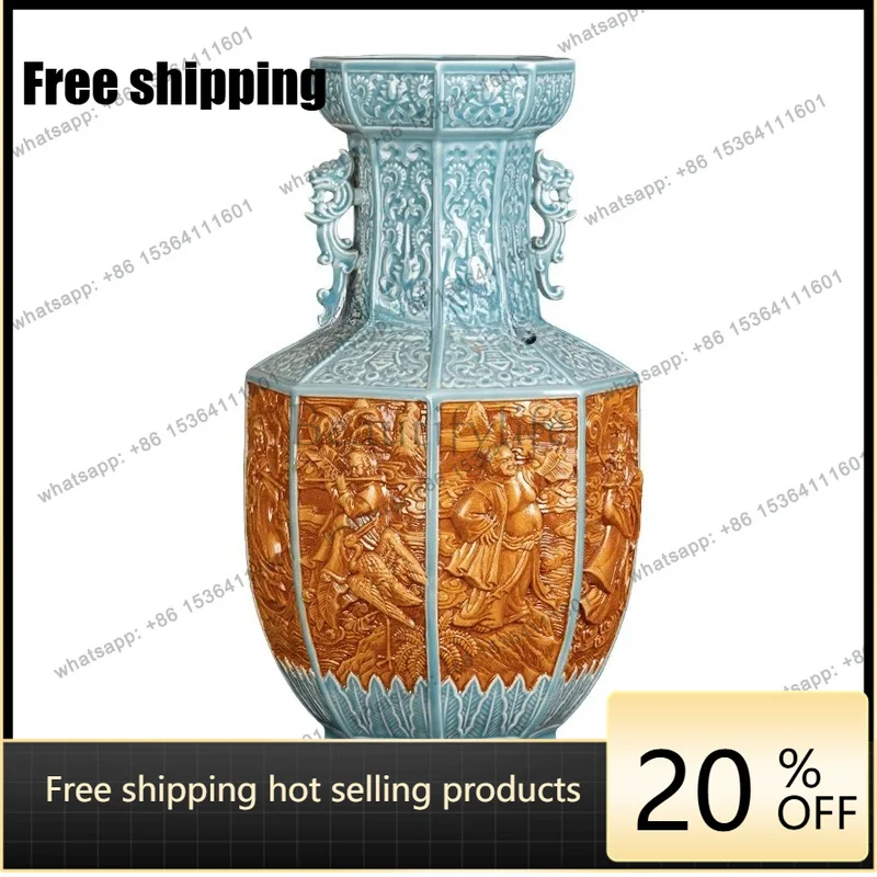 LJY  ceramic vase antique handmade shadow blue engraving character porcelain vase office living room ornament