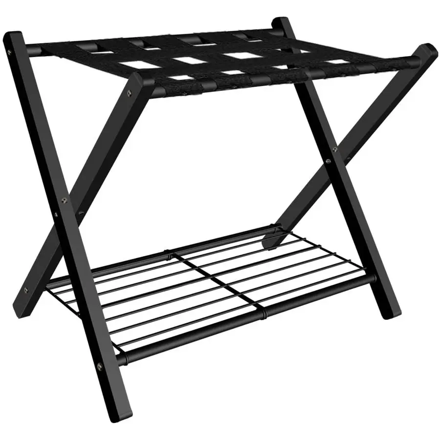 

Luggage Rack for Guest Room, Metal Foldable Suitcase Stand Holder with Metal Shelf for Bedroom, Black, 1 pack