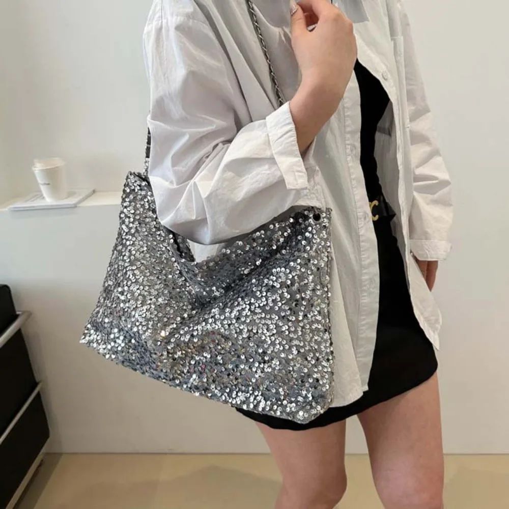 

Storage Bag Elegant Sequins Crossbody Bag Y2K Sweet Large Capacity Chain Bag Polyester Solid Color Shiny Shoulder Pouch Work