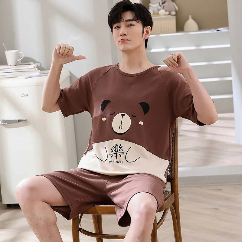 Summer Couples Cotton Pajamas Sets Women Men Short Sleeve Shorts Pyjamas Sleepwear Cartoon Home Clothing Korean Lovers Homewear