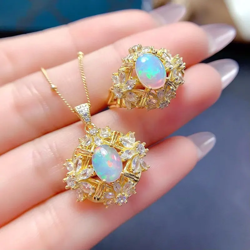 

925 Silver Opal Ring and Pendant 6mn*8mm Total 1.4ct Natural Australian Opal Jewelry Set with Thick Gold Plated Keep Shining