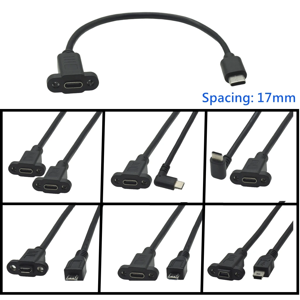 Micro Type-C Mini USB Male Connector To Type-c Mini USB 5pin Female Extension Cable Pitch 17mm with Screws Panel Mount Hole