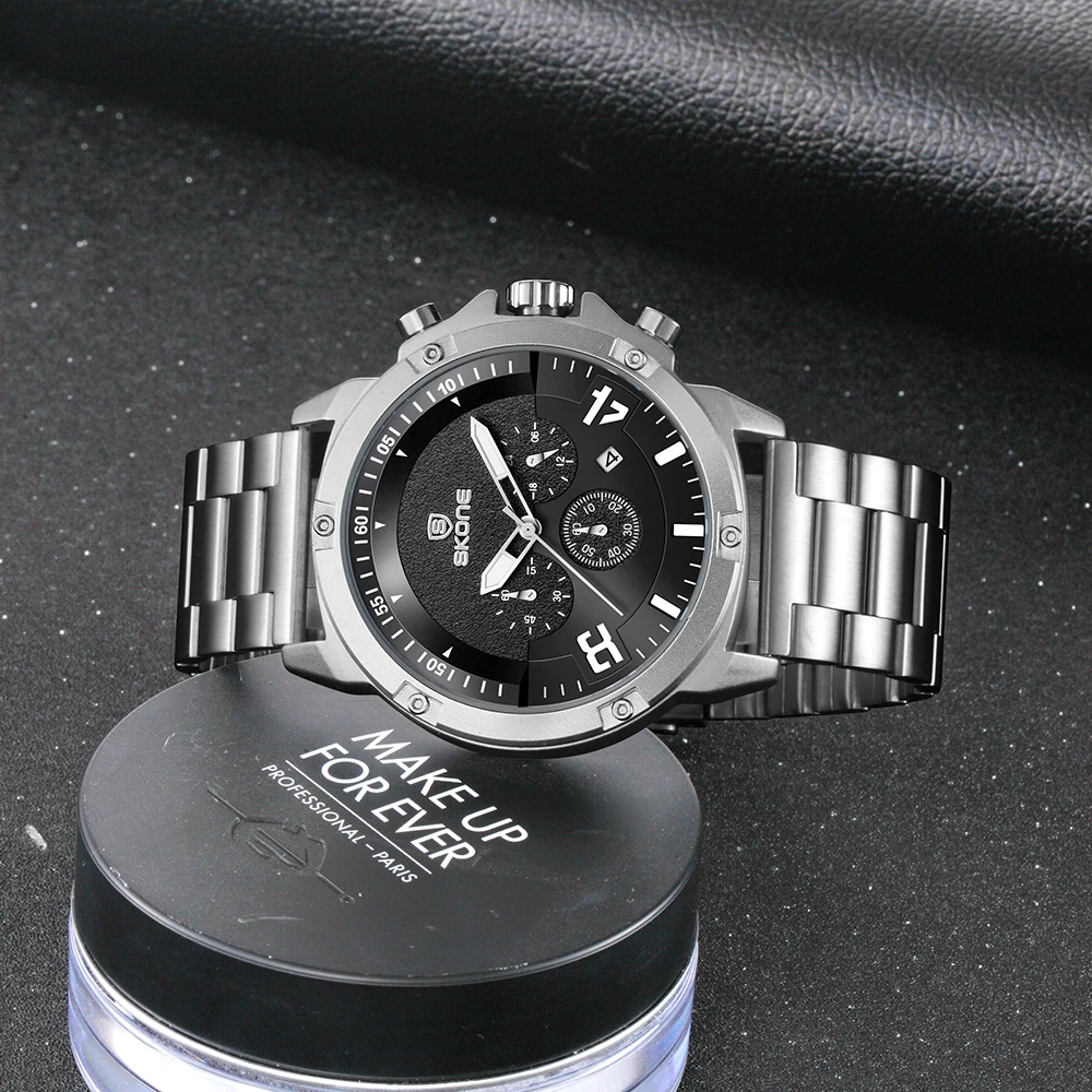 SKONE New popular men's business multifunctional three eye steel strip retro fashion large dial calendar quartz watch