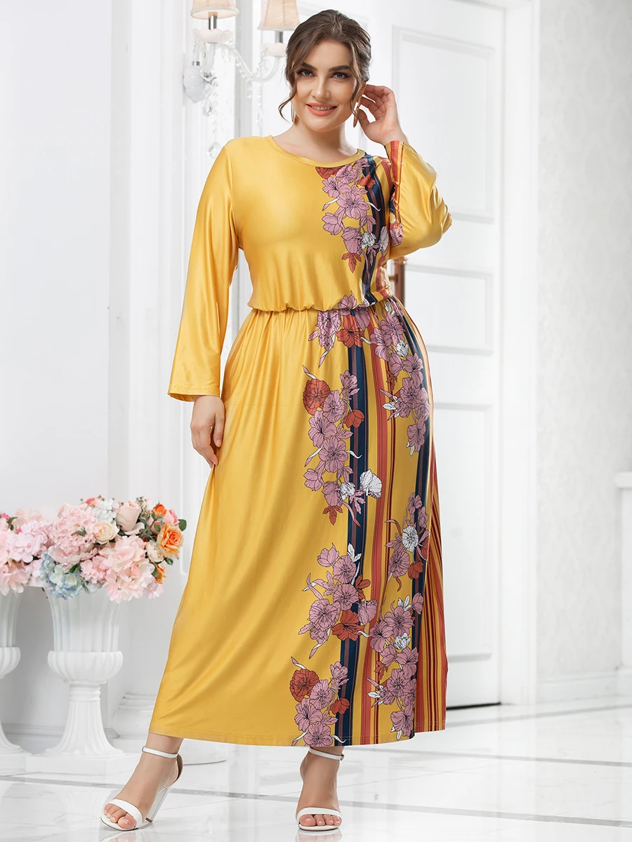 Sukienka Plus Size Kobieta Wiosna Jesień Długi rękaw Kwiatowy nadruk Casual Dress Żółty Wysoka talia Duży krój Rozmiar Długie sukienki