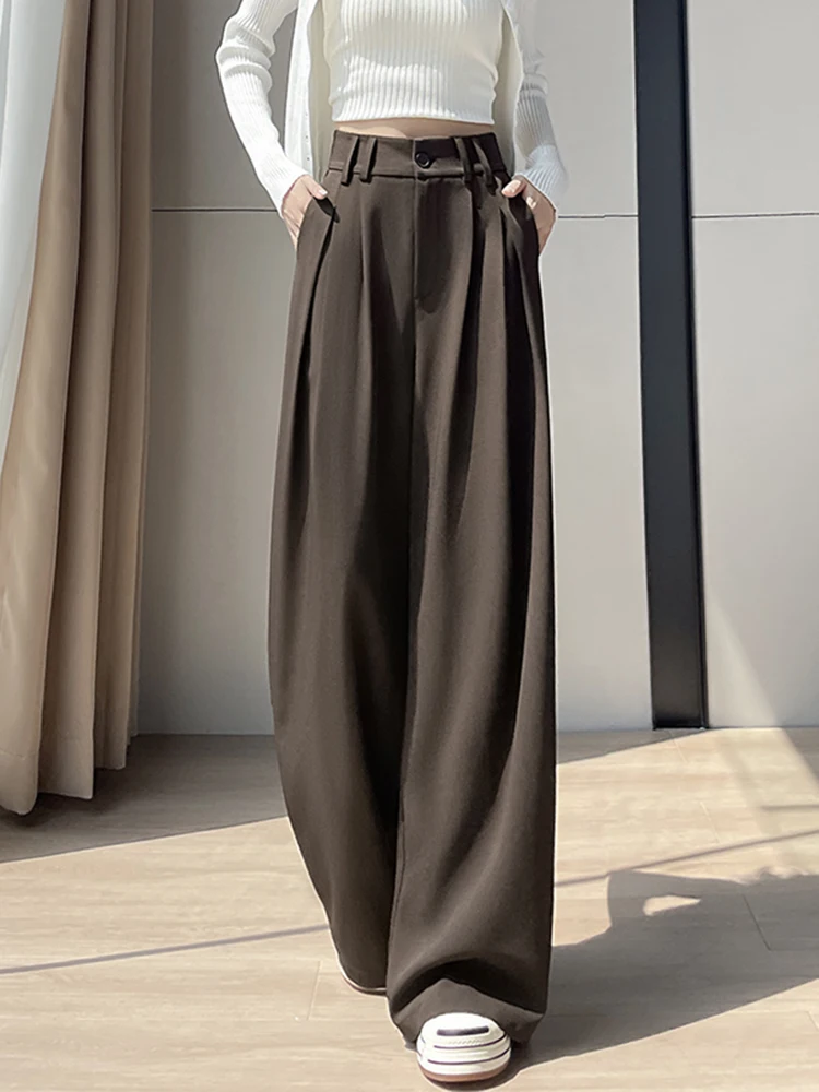 하이웨이스트 와이드 레그 수트 팬츠 여성용 커피색 드레이프 슬림 캐주얼 바지 가을 겨울 신상 비대칭