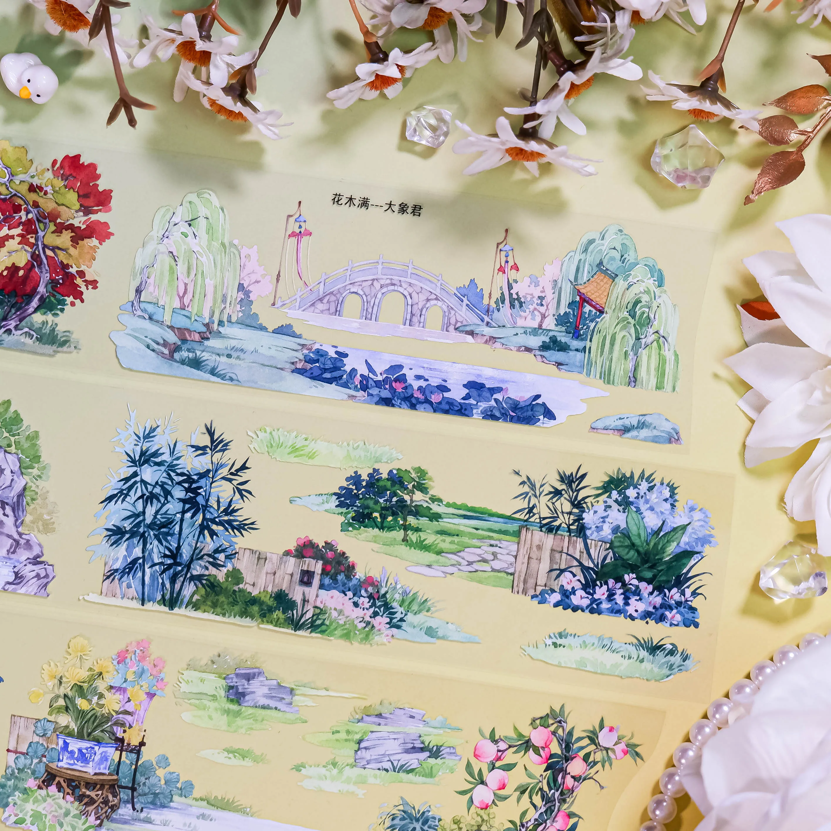 

Daxiangjun PET tape, full of flowers and trees, land-made 5mpet white ink + release paper, waterfront natural scenery