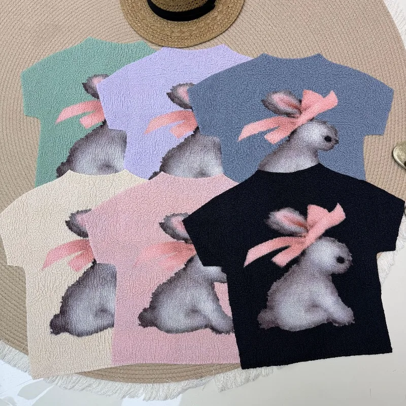 Miyake Pleated T-Shirt 2026 New Original Short Sleeve No Hole Embroidery Bowknot Rabbit Print Casual Slim Fit Women's Top Pleat
