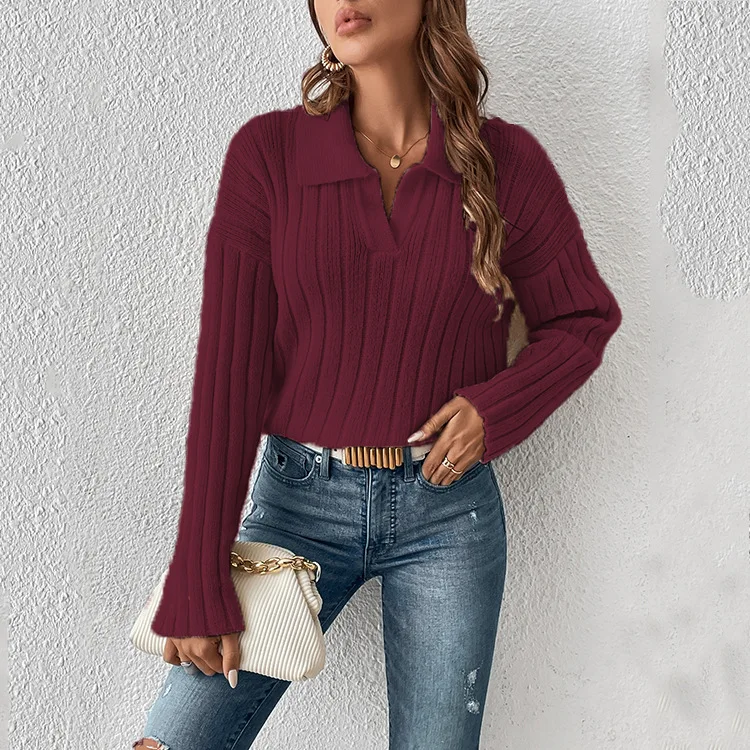 

Women Sweaters Turn Down Collar Long Sleeve Thick Knit Pullovers Elegant Solid Spliced Jumpers Casual Streetwear
