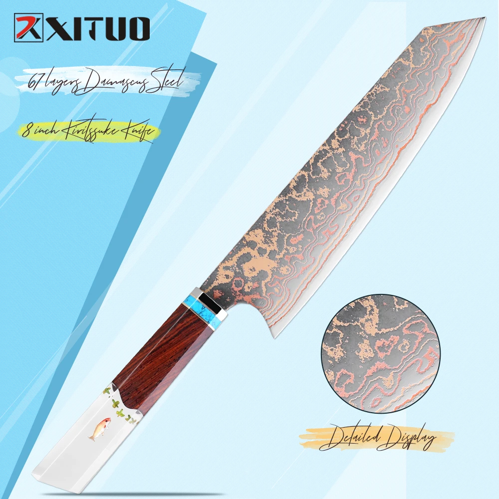 XITUO Kiritsuke Chef Knife 37 Layers Tricolor Copper Damascus Steel-Japanese Damascus Knife for Chefs&Home Cooking-Razor Sharp