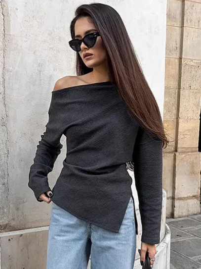 

Black Irregular Sexy Women T-Shirts Long Sleeves Ruched Slit Pullover Tops Spring 2025 Office Ladies Inner Tees Slim