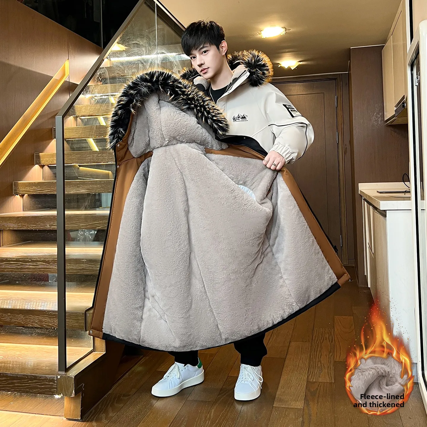 

Men's Mid-Length Fce-Lined Hooded Jaet Thi Warm Winter Coat Polyester Fabric Youth Faion Cold-Resistant Outerwear