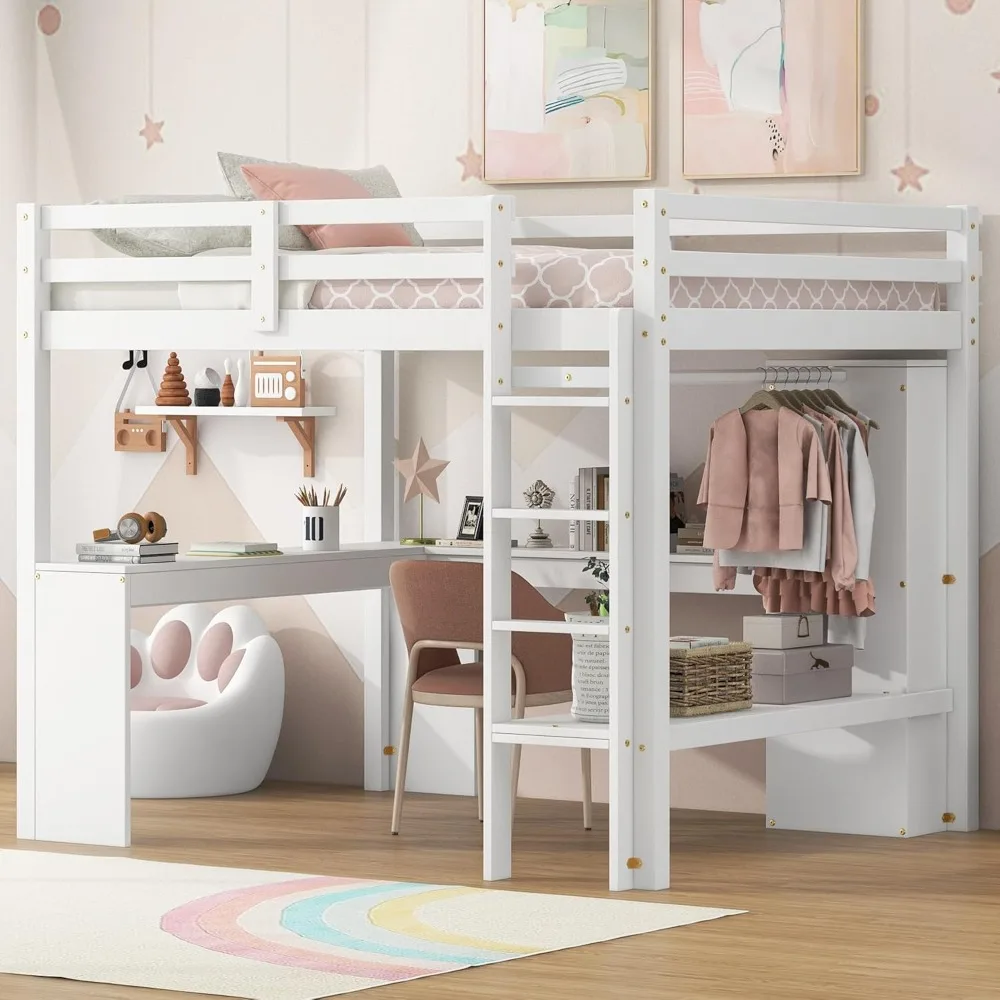 

Full Size Loft Bed with Desk & Wardrobe, Wood Loft Bunk Bed with Storage Shelves and Cabinets, High Loft Bed Frame