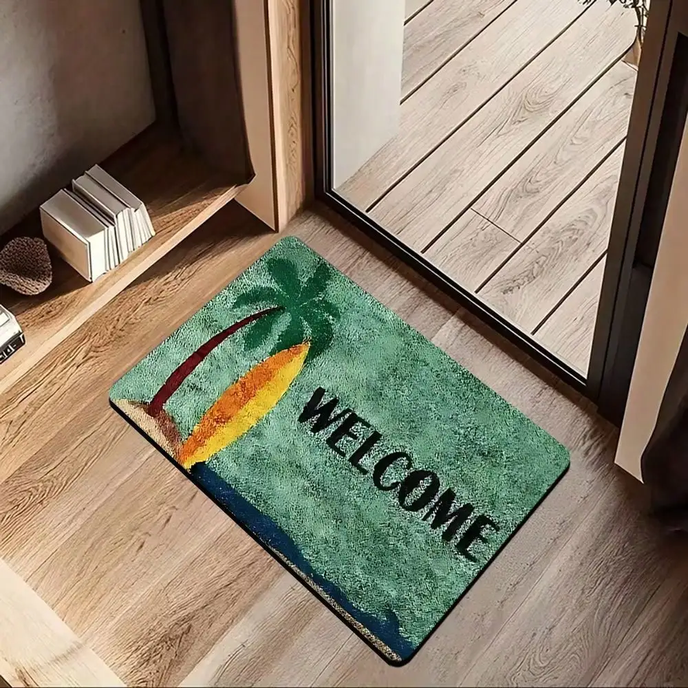 1 Tropical Island Welcome Doormat - Anti Slip, Absorbent, Washed, Soft Polyester Fiber, Green And Yellow Tree Design, Kitchen, Bathroom, Bedroom, Holiday Home
