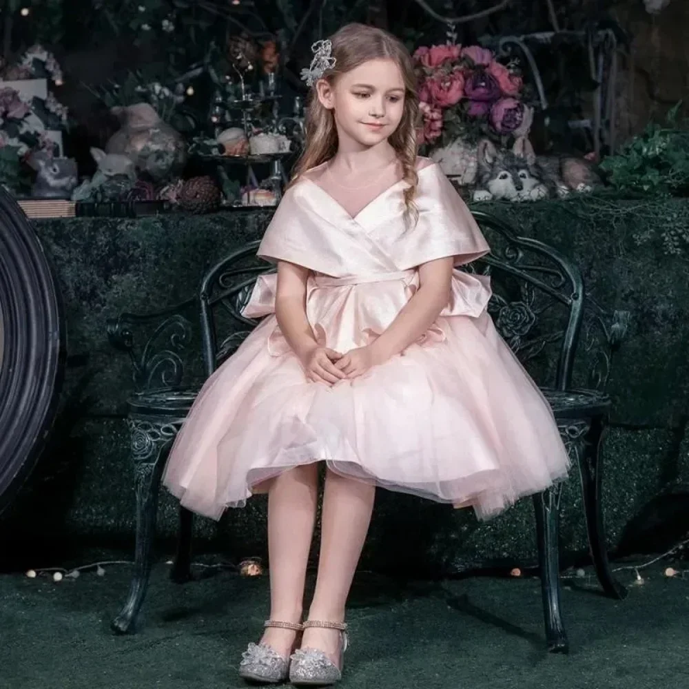 Princess Pink Off The Shoulder Flower Girl Dresses A Line Knee Length Kids Lovely Birthday First Communion Wedding Gowns