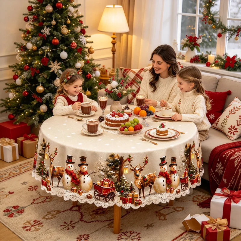 150/180cm Christmas Round Tablecloth Polyester Washable Table Cover Xmas Wreath Print for Dining Table Holiday Party Home Decor