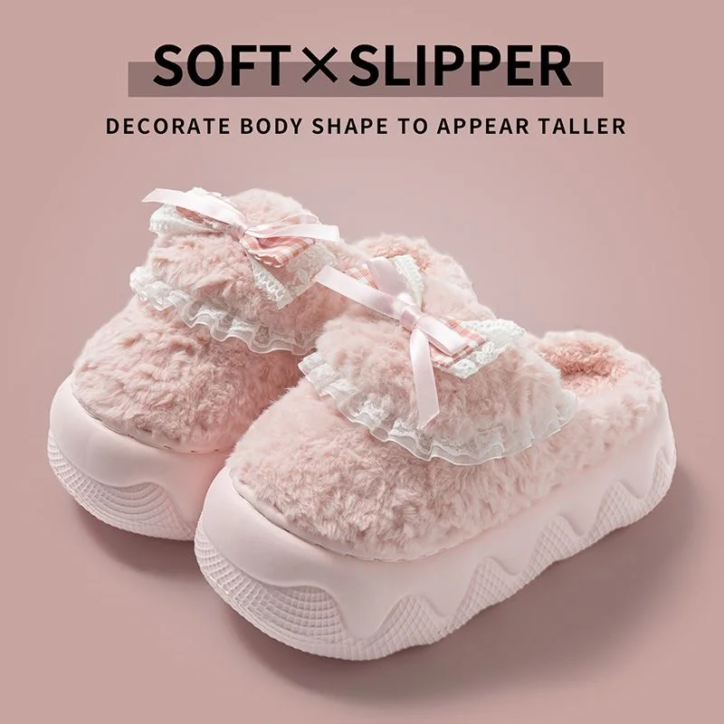 

New pink fuzzy slippers for women winter 5.5 cm platform slides wholesale woman bow winter slipper snug home room warm shoes