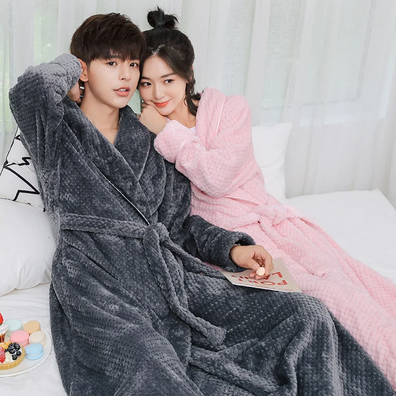 

Couple Robe Nightwear Flannel Kimono Bathrobe Gown Winter Home Clothing Men &Women Coral Velvet Warm Long Nightgown Sleepwear