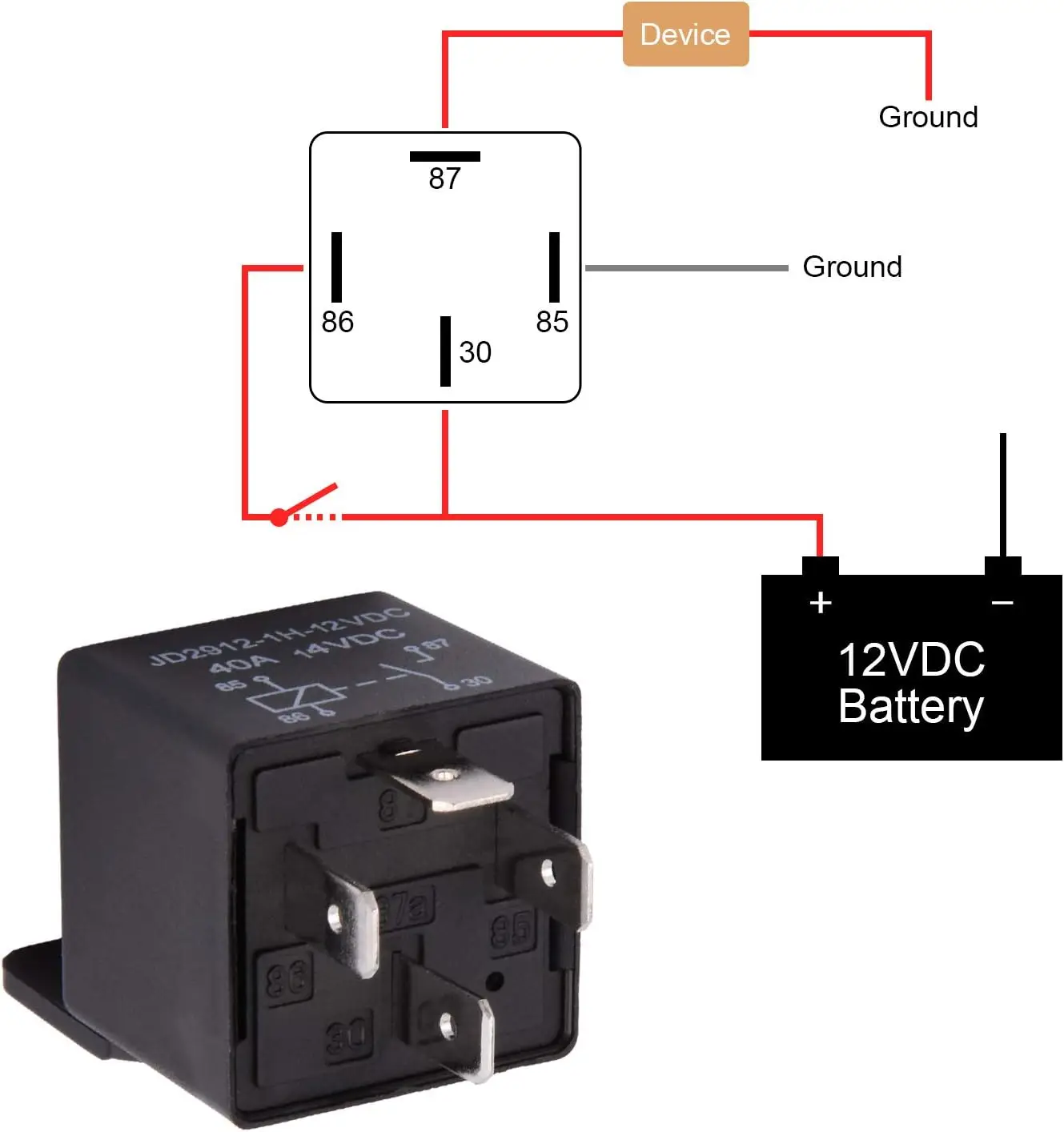 Automotive Relay 12V 4-Pin 40amp,Spst Model JD2912-1H-12VDC 40A 14VDC,Automotive Switches and Starters for Cars, Trucks, Vans