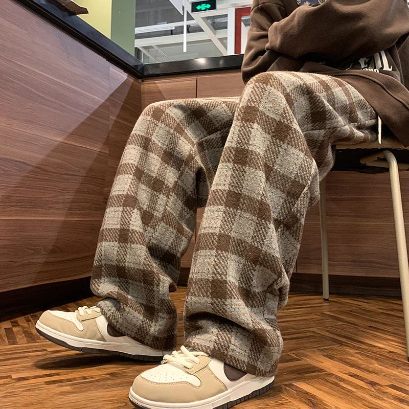 

Зимние шерстяные брюки в клетку свободного кроя, прямые, повседневные, мужские, больших размеров, длинные, молодежные, Vitali Sle