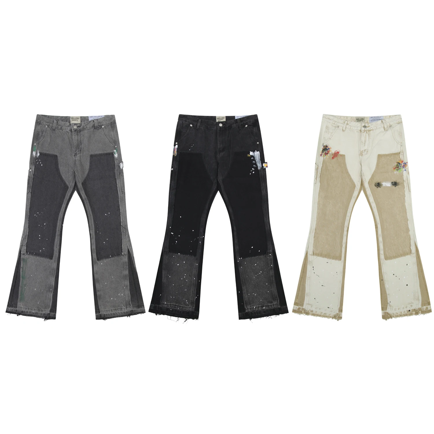 

Hand-Painted Patchwork Patchwork Denim Jeans Wooutter Work Pants Faded Wa Micro Flared Trousers Casual Straight Leg Jeans