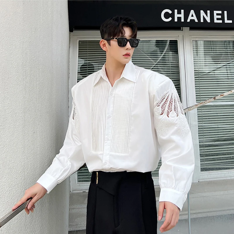 Senior Embossing Hollow Sleeve Men Blouse Elegant Shirts Pleated Stitching Office Work Business Formal Tops Design Streetwear