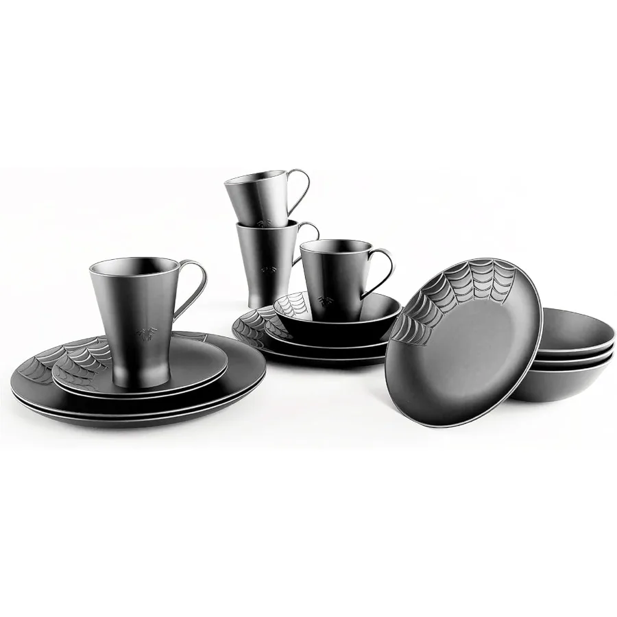 

Spiderweb Dinnerware Set 16 Pieces Goth Dinnerware Set Black Matte Porcelain 4 Dinner Plates 4 Salad Plates 4 Bowls 4 Mugs Hall