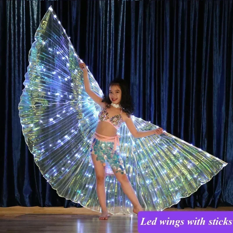 Skrzydła do tańca brzucha Kolorowe białe diody LED Luminous Wing Dance z kijem Performance Fluorescencyjny motyl Halloween