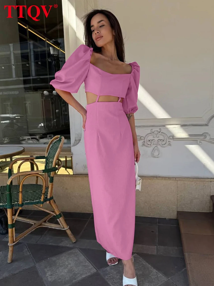 

TTQV Summer Loose Pink Cotton Women's Dress Sexy Square Collar Short Sleeve Ankle Length Dresses Elegant Hollow Out Female Dress