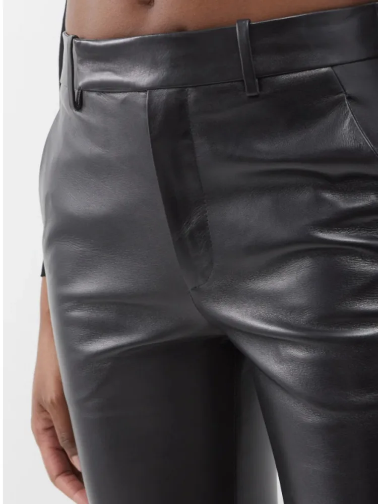 DEAT Fashion Women\'s Pu Leather Pant High Waist Black Zipper Pockets Slim Full Length Flared Trouser Winter 2024 New Tide 7AB109