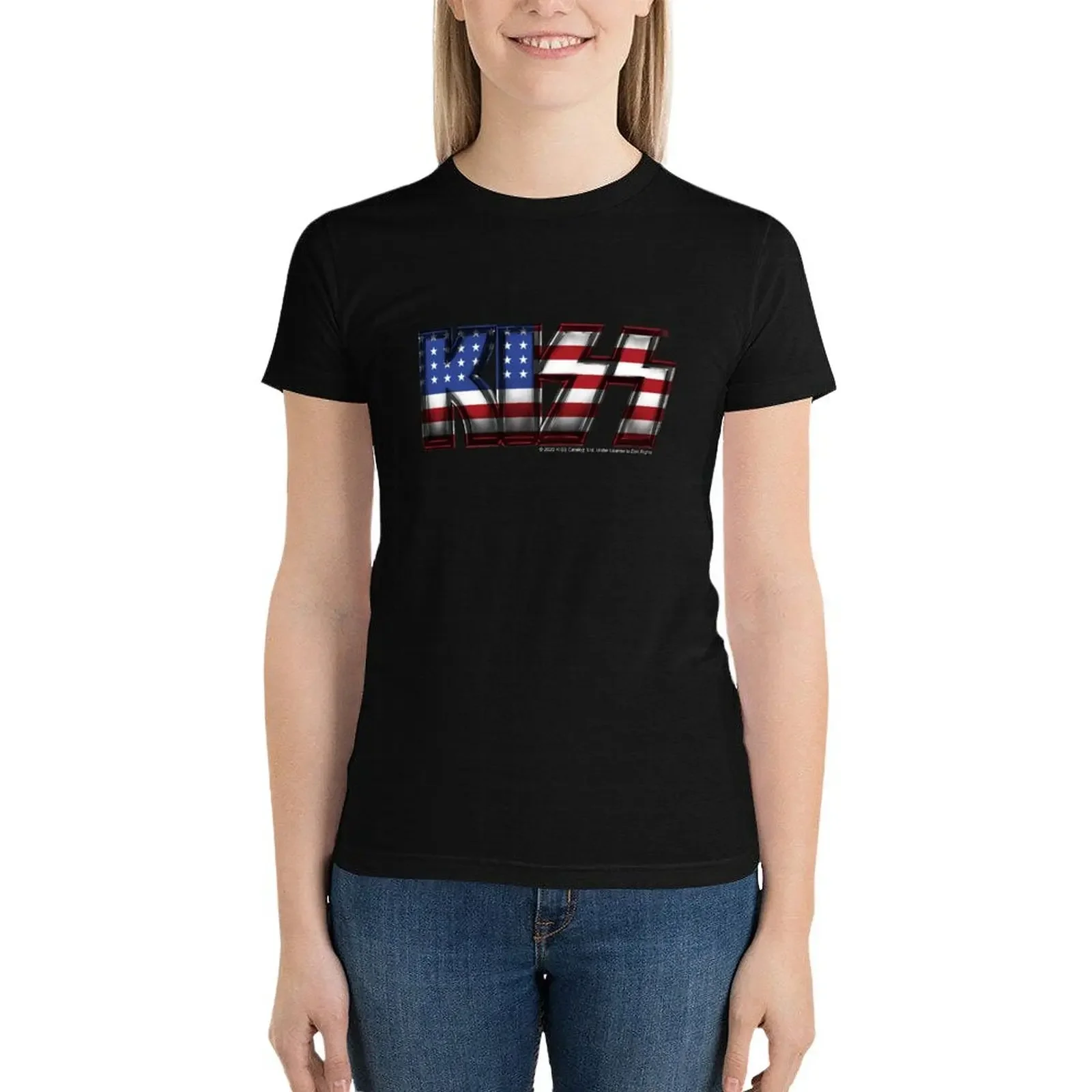 KISS ? rock music band - Metal USA Flag T-Shirt summer clothes korean fashion anime clothes black t shirts for Women