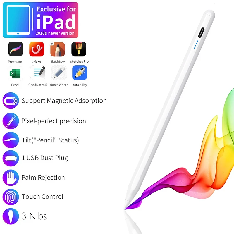 Magnetic Stylus Pen for iPad 2018 and Newer, Palm Rejection Tilt Touch Control Tablet Drawing Pencil with Replacement Nibs