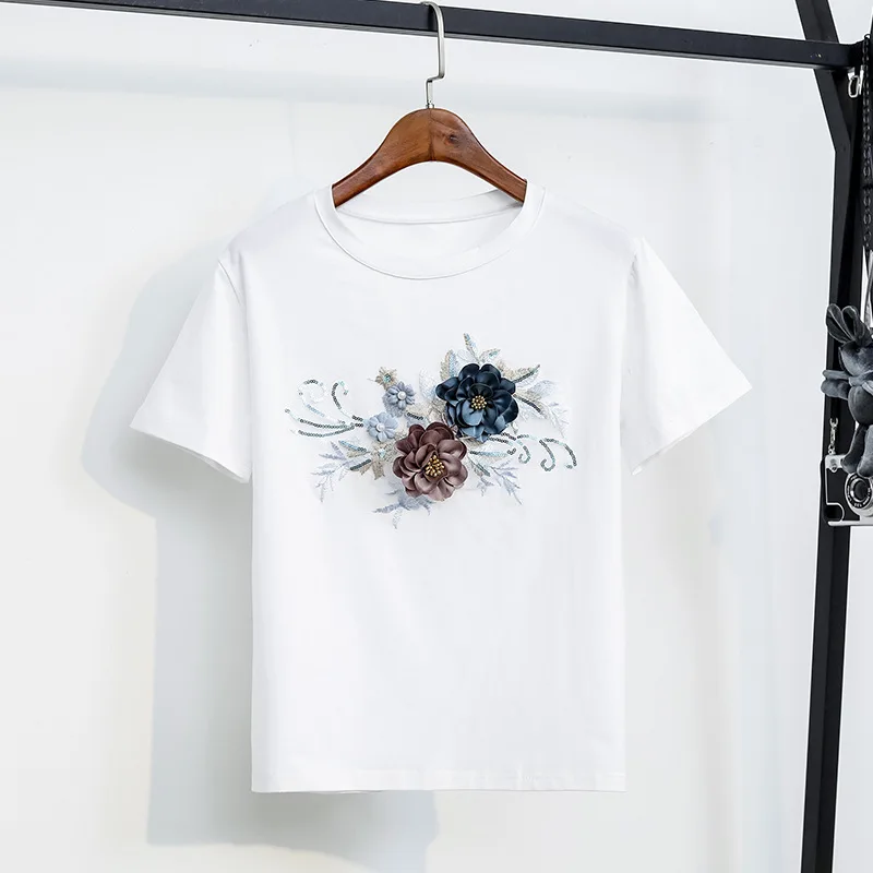 New Solid Color Short-Sleeved Top T Shirt Dark Contrast Color Three-Dimensional Flower Embroidery2024Summer Elegance Floral Cott