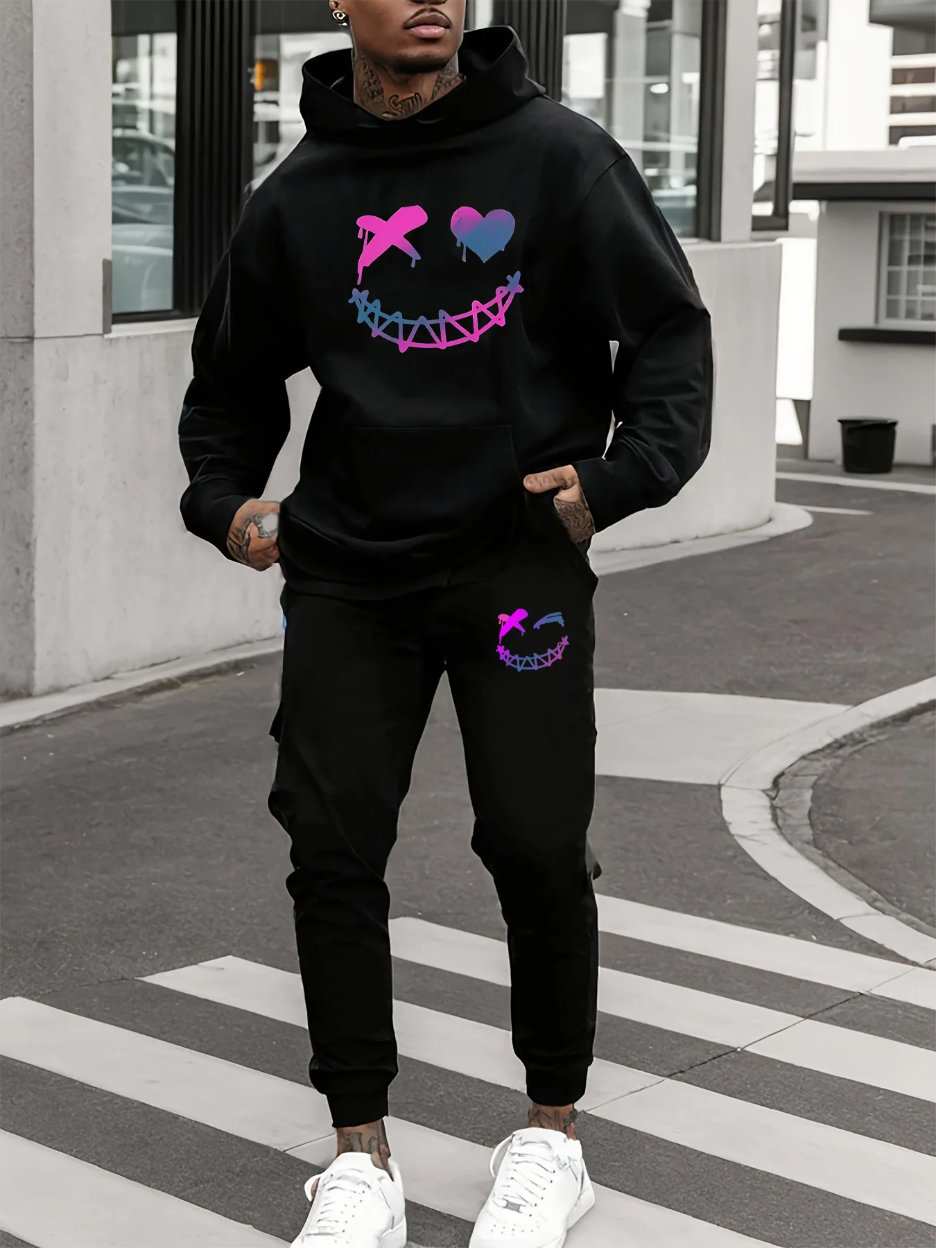 

Men's Autumn/Winter Casual Fashion Warm Smiling Face Pattern Printed Loose Thick Velvet Sports Hoodie+Sweatpants Set